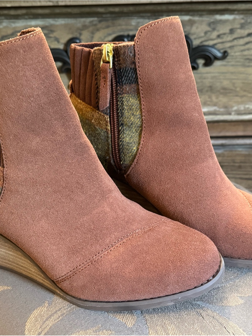 Toms Rust Suede Ankle Booties with Plaid Panel